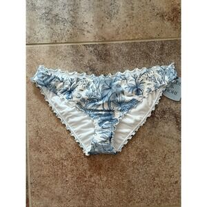 Shade & Shore Women's Blue & White Toile Print Ruffle Cheeky Bikini Swim Bottom